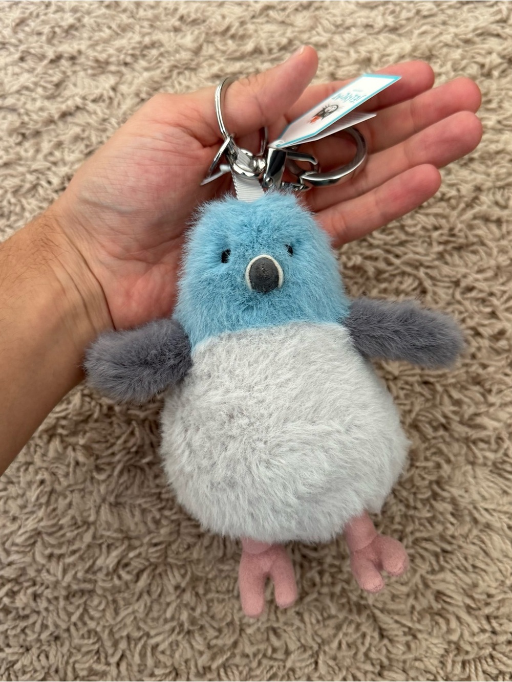 Jellycat Blue, Gray and Pink Fluffy Pigeon Keychain Bag Charm